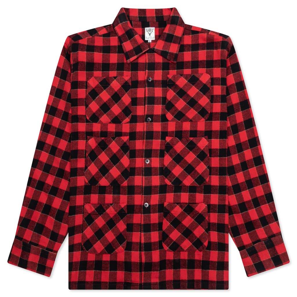 6 Pocket Flannel Shirt Red Black