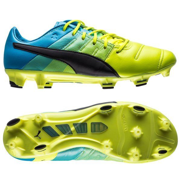 PUMA Evopower 13 LT FG Firm Ground Soccer Cleats Safety Yellow Black Atomic Blue